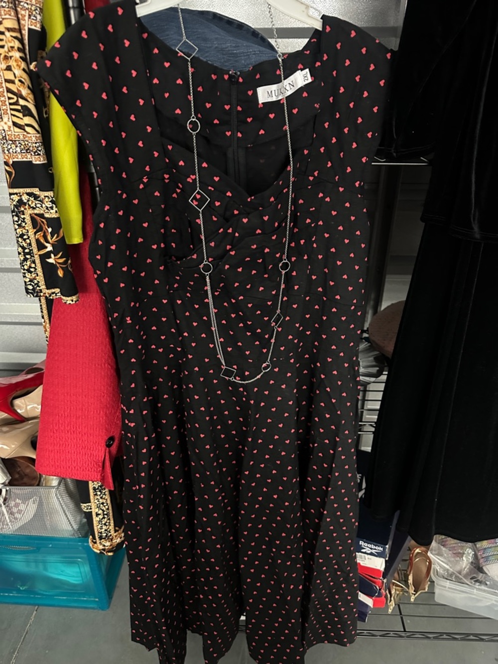 Black Dress with Red Heart Print - Women's Fit & Flare